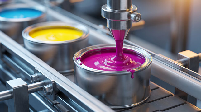 Industrial paint filling machine dispensing magenta ink into a metal can on an automated production line with manufacturing industrial production automated conveyor