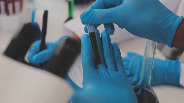 Biomedical researchers examining viral cultures while documenting experimental results on computer in sophisticated laboratory.