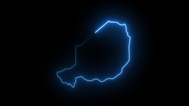 Glowing neon blue outline map of niger country on a dark black background