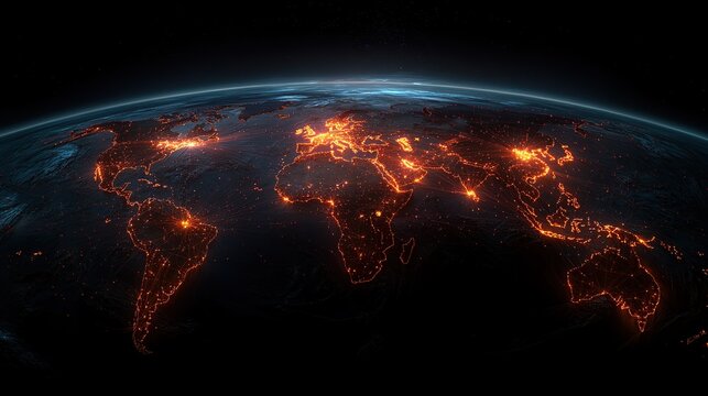 Wide-angle view of Earth's illuminated continents at night with glowing city lights