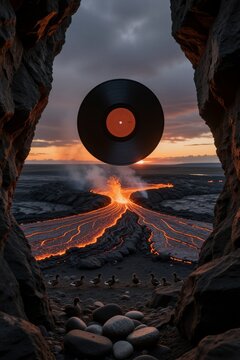 A vinyl record floats serenely above a fiery volcanic lava flow in a surreal canyon scene bathed in warm golden light at sunset.