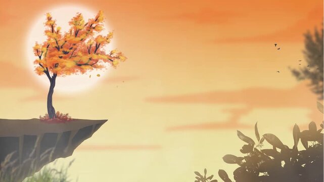 Warm sunset landscape with single autumn tree on cliff and birds flying in distance
