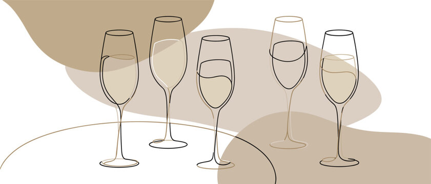 Elegant Group of Champagne or Wine Glasses with Liquid on Table for Celebration and Luxury Beverage Concept Illustration with Minimalist Earthy Background