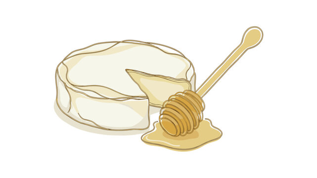 Round Gourmet Cheese Wheel with Sliced Wedge and Golden Honey Dripping from a Wooden Dipper on a White Background for Luxury Culinary Design and Food Branding