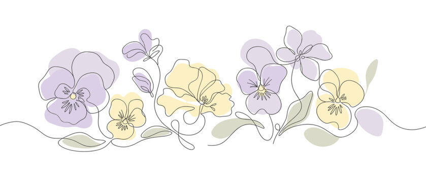 Elegant Floral Border Featuring Purple and Yellow Pansy Flowers in a Continuous Line Art Style with Soft Watercolor Accents for Spring Decoration and Cards