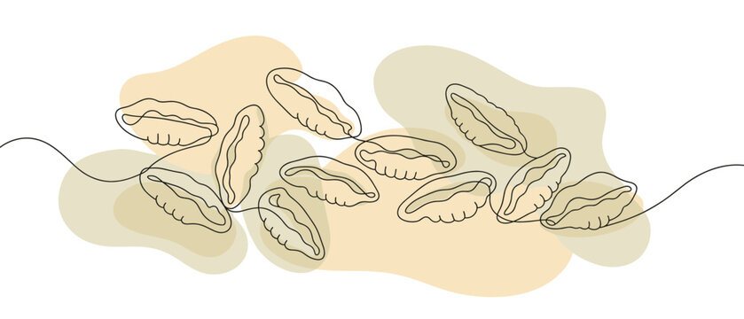 Traditional Assorted Dumplings and Pierogi Arranged in a Minimalist Continuous Line Art Style with Soft Beige Tones for Asian Cuisine Menus and Food Art
