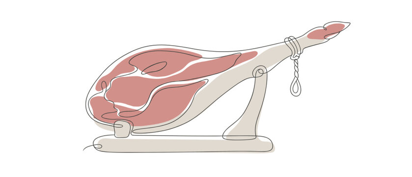 Gourmet Cured Leg of Ham on a Traditional Wooden Stand in a Minimalist Continuous Line Art Style for Deli and Charcuterie Board Design and Marketing