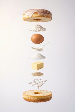 Exploded view of a glazed donut with its floating ingredients including flour egg milk sugar and butter, creative baking concept food photography concept