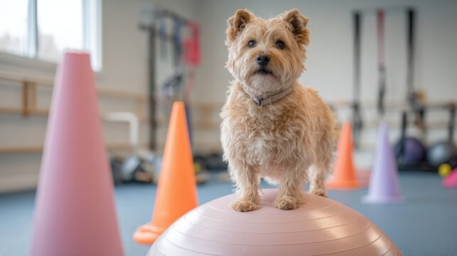 A dog balancing on a stability ball in a bright dog gym surrounded by training equipment, a professional canine fitness image about coordination strength and animal wellness