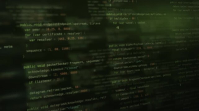Dynamic blurred code background featuring a green moss network aesthetic with glowing identifiers, soft focus, and a modern digital vibe, perfect for tech presentations or programming tutorials.