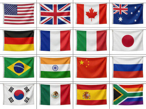 Set of international country flags waving in a grid collection for global design