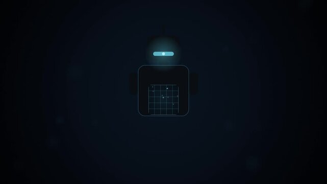 Futuristic AI Robot Interface Activation Sequence with Glowing Eye and Connecting Neural Network Nodes on Dark Backdrop