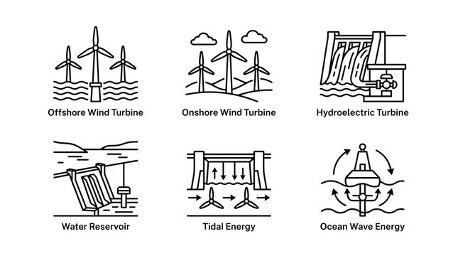 Renewable energy icon set with wind and water power systems
