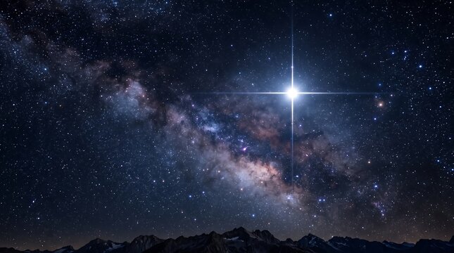 Stunning night sky with the Milky Way galaxy, a bright star in the center, and mountain peaks below, capturing celestial beauty for commercial use