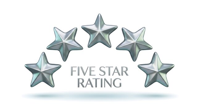 Five silver glossy stars arranged in a semicircle shape representing customer feedback and high quality service