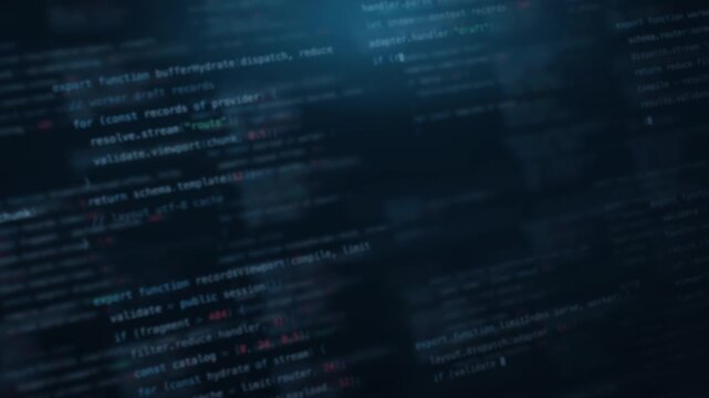 Dynamic blurred code background with deep navy tones and glowing text elements, featuring a soft and immersive visual effect ideal for tech and programming themes.