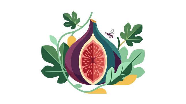 Sliced purple fig fruit with green leaves and bee.