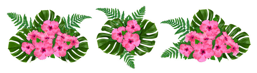 Hibiscus flowers and green tropical leaves in floral compositions on white background, set © New Africa