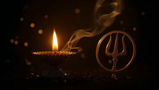 Traditional brass oil lamp diya and trishul symbol glowing in the dark with spirituality tradition religion devotion ceremony festival meditation background hinduism mystical blessing