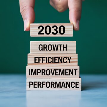 Hand placing wooden blocks with 2030 growth and performance