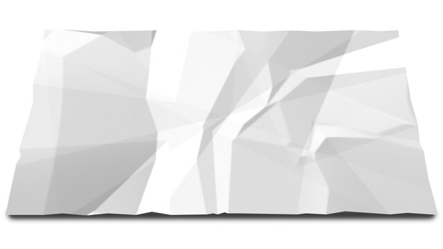 Crumpled paper texture, crumpled sheet of white paper with realistic folds creases and shadows lying flat. Ideal for use as a background for presentations, websites, mobile apps, product mockups.