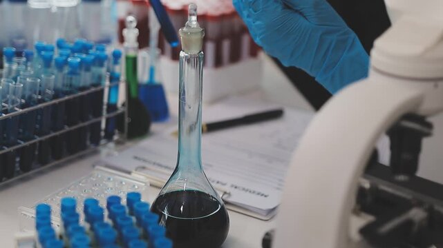 Biomedical researchers examining viral cultures while documenting experimental results on computer in sophisticated laboratory.