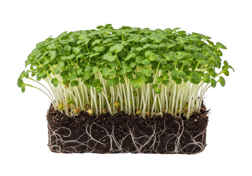 Fresh green cress sprouts growing from a small block of dark soil for healthy vegan food diet isolated on transparent background