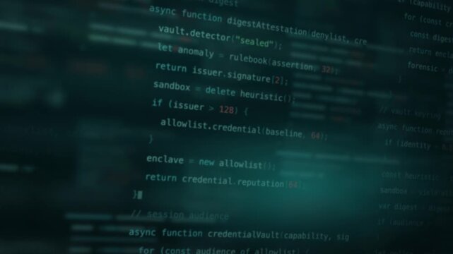 Dynamic blurred code background featuring soft teal and dark tones, with glowing text elements in various shades, creating a high-tech, futuristic atmosphere ideal for security themes.