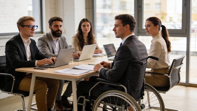 Disabled male manager in wheelchair collaborating with colleagues during business meeting in modern office.
