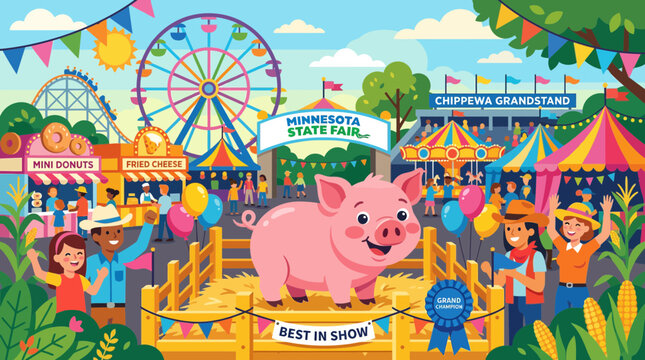 Happy Pig at State Fair, Carnival Rides, Food Stalls, People Celebrating