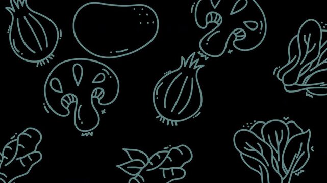 Doodle vegetable illustrations perfect for food blogs, recipe websites, menus, and organic food packaging designs on a black background.
