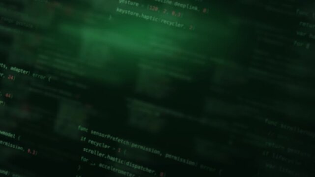 Dynamic blurred code background with glowing green elements, featuring soft-focused lines of code in various colors, creating a futuristic, tech-inspired atmosphere ideal for mobile and digital