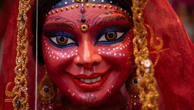 Macro portrait of an indian goddess idol face with elaborate makeup and golden jewelry hinduism religion portrait devotion tradition colorful ceremony spiritual festival mythology artistic