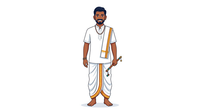 Indian Man in Traditional Dhoti and Kurta, Isolated