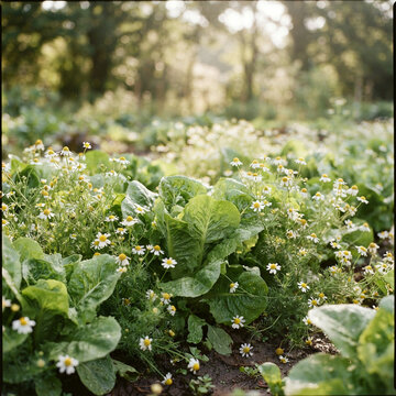 Rows of lettuce interplanted with flowering chamomile in a dewy market garden