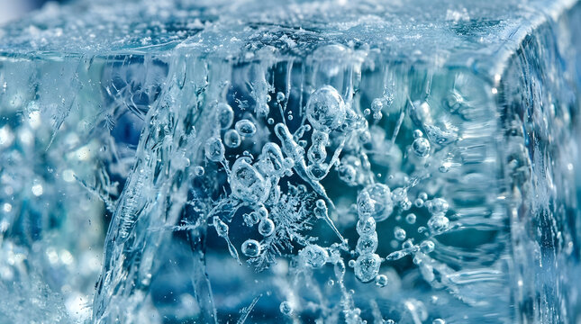 Macro view of air bubbles trapped inside a clear ice cube