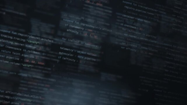 Dynamic blurred code background featuring soft hues of ground black, glowing slate blue, and accents of teal, with a modern tech aesthetic suitable for development and programming themes.