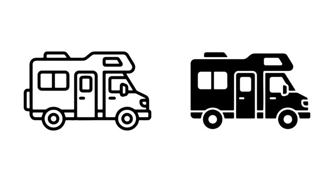 RV Camper Icons, Motorhome Vehicle Symbols, Recreational Travel Vector Set