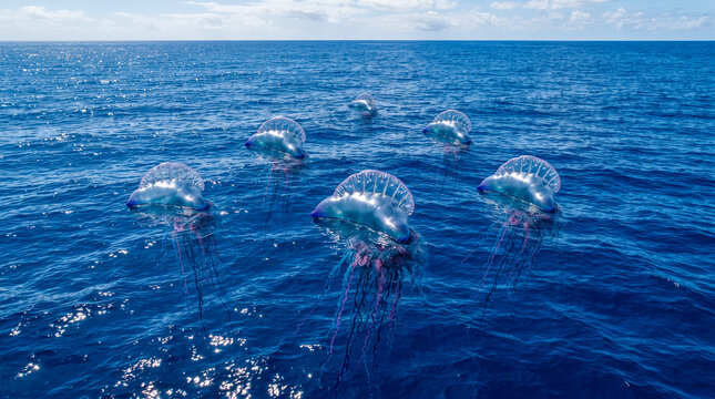 Grupo de carabelas portuguesas desplaz&aacute;ndose por el oc&eacute;ano impulsadas por el viento en un paisaje marino espectacular.