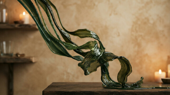 Dark green sculpted glass artwork on a weathered table by a textured wall