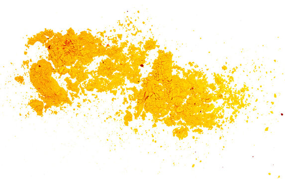Vivid yellow pigment powder heap on textured paper in white background, png, cut out