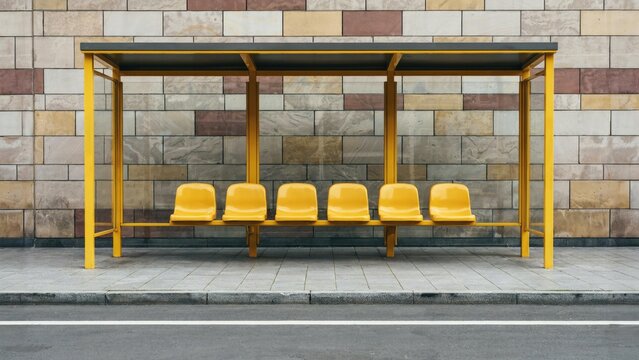 Yellow bus stop shelter with six empty seats against a stone wall