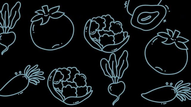 Doodle vegetable pattern with beets, tomatoes, cauliflowers, carrots, and avocados. Perfect for packaging design, kitchen textiles, and recipe cards.