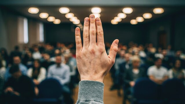 First-person view of a hand raised in a blurred conference hall audience