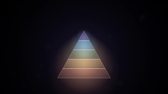 Abstract 5-Level Hierarchy Pyramid Animation Transitioning from Minimalist Outline to Fully Illuminated Glowing Colors