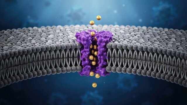 3 d of ion channel protein in a lipid bilayer cell membrane