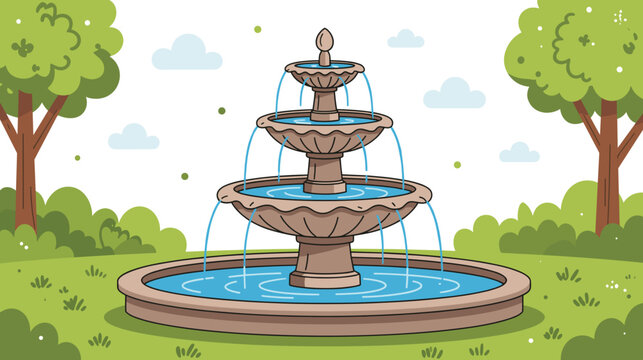 Cartoon-style three-tiered fountain with flowing water in a garden  