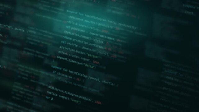 Dynamic blurred code background featuring a teal color scheme with glowing text elements, showcasing floating code snippets and a soft focus for a modern tech ambiance, ideal for digital projects.