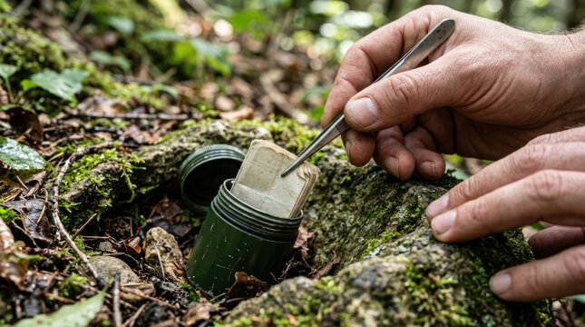 Hands using tweezers to extract a paper note from a green capsule hidden in moss, geocaching adventure concept