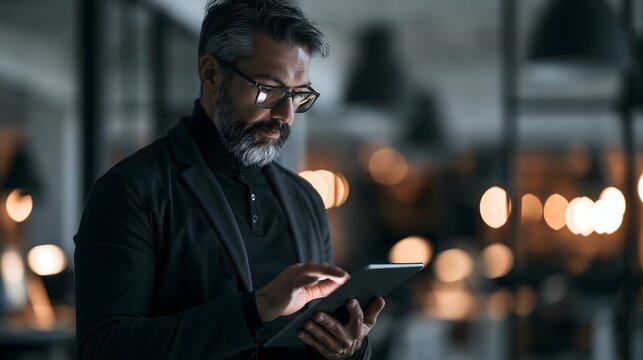 Erfahrener IT-Techniker &uuml;berpr&uuml;ft Netzwerkeinstellungen auf einem Tablet im modernen B&uuml;ro